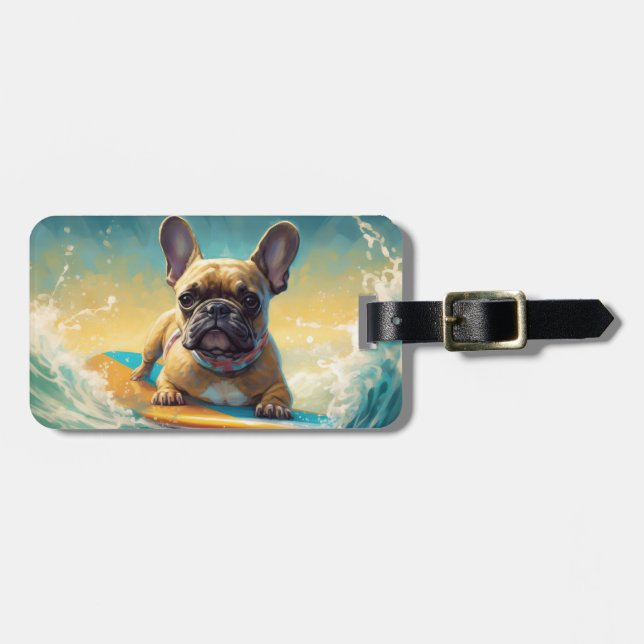 French Bulldog Beach Surfing Malerei Gepäckanhänger (Vorderseite horizontal)