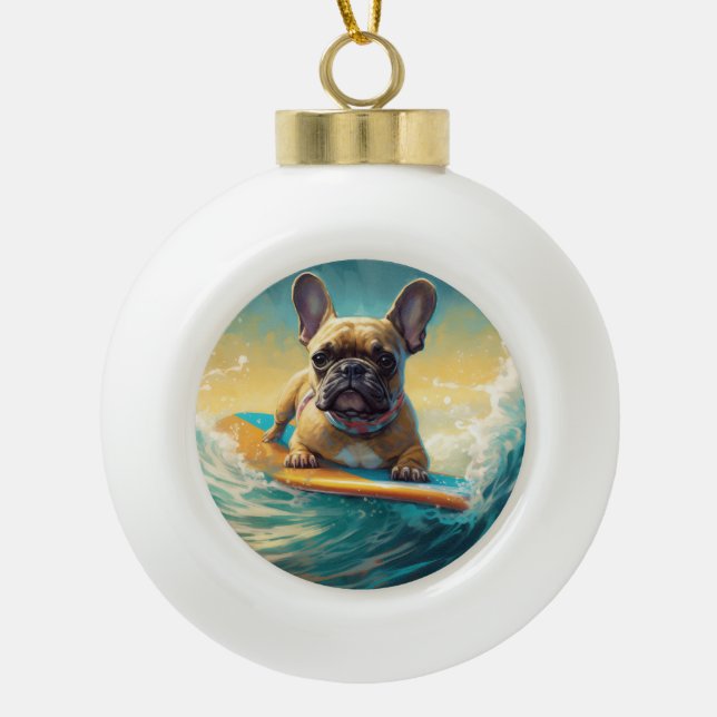 French Bulldog Beach Surfing Malerei Keramik Kugel-Ornament (Vorderseite)