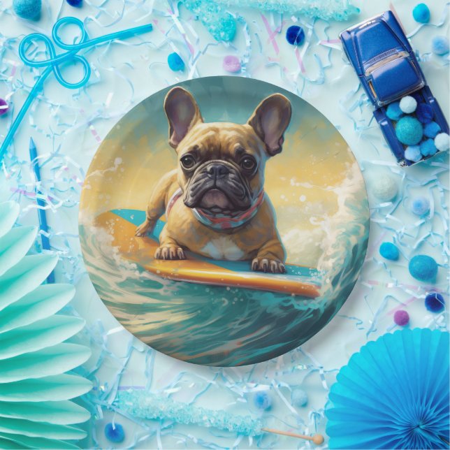 French Bulldog Beach Surfing Malerei Pappteller (Party)