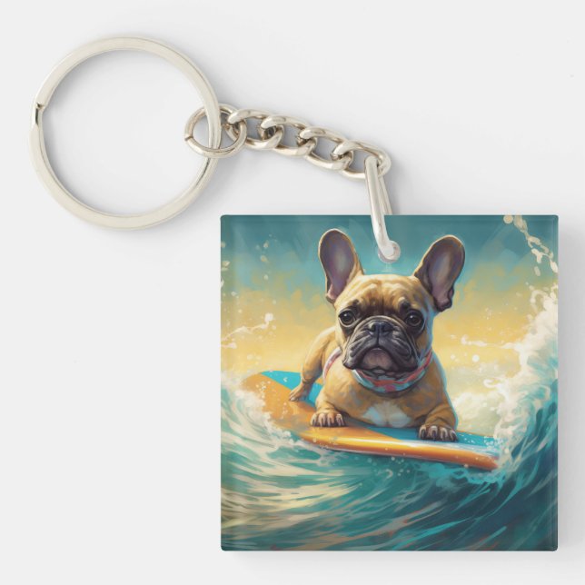 French Bulldog Beach Surfing Malerei Schlüsselanhänger (Vorderseite)