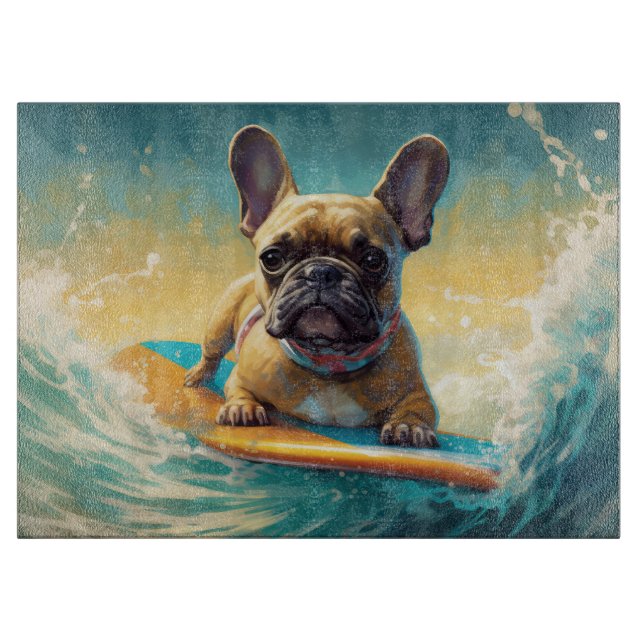 French Bulldog Beach Surfing Malerei Schneidebrett (Vorderseite)