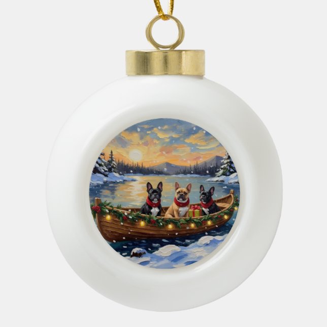 French Bulldog Christmas Boat Holiday Keramik Kugel-Ornament (Vorderseite)