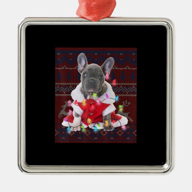 French Bulldog Christmas Lights Ugly Sweater Dog Ornament Aus Metall (Vorne)