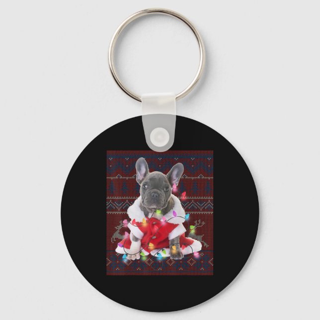 French Bulldog Christmas Lights Ugly Sweater Dog Schlüsselanhänger (Vorderseite)