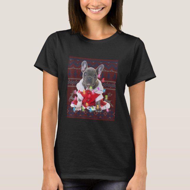 French Bulldog Christmas Lights Ugly Sweater Dog T-Shirt (Vorderseite)