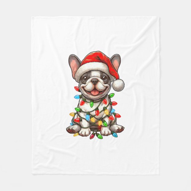 French Bulldog Christmas Lights Weihnachtsmannmütz Fleecedecke (Vorderseite)