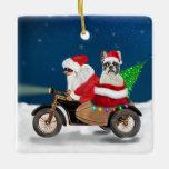 French Bulldog Christmas Santa Claus Throw Kissen Keramikornament<br><div class="desc">Ein Weihnachtsmann,  der mit dem Fahrrad Weihnachtsbaum und den französischen Bulldog als Geschenk liefert,  ist ein ideales Weihnachtsgeschenk für jemanden,  der diesen Hund züchtet.</div>