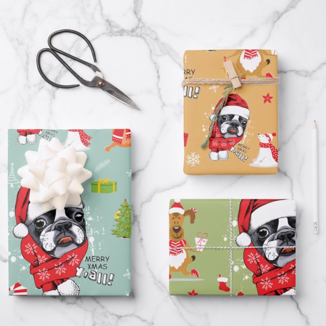 French Bulldog Christmas Santa Wrapping Paper Shee Geschenkpapier Set (Vorderseite)