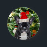French Bulldog Christmas Tree Ornaments Snowman Button<br><div class="desc">Niedlicher französischer Bulldogge mit Weihnachtsbaumschmuck Snow Man im Hintergrund.</div>