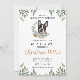 French Bulldog Dog Boy Boho Greenery Baby Shower Einladung