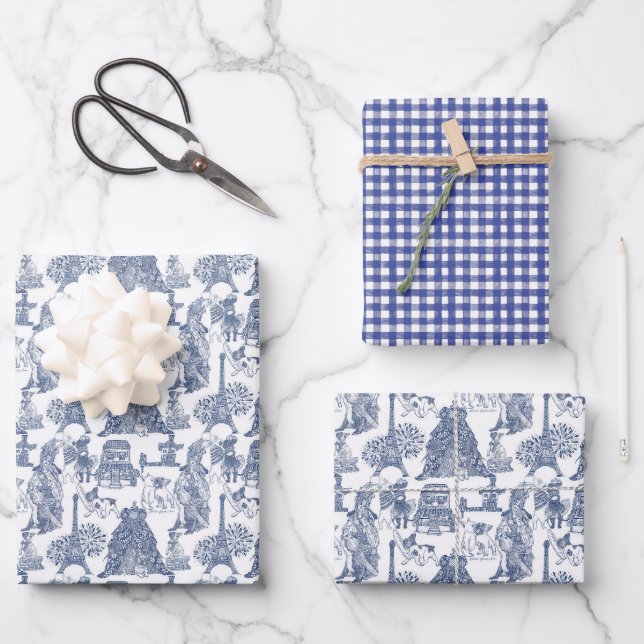 FRENCH BULLDOG Frenchie Blue Toile Geschenkpapier Set (Vorderseite)