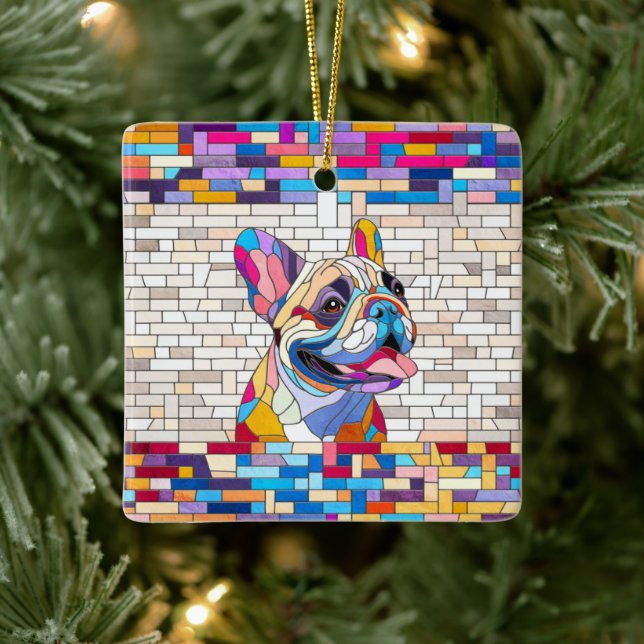 French Bulldog - Frenchie - buntes Mosaik Keramikornament (Baum)