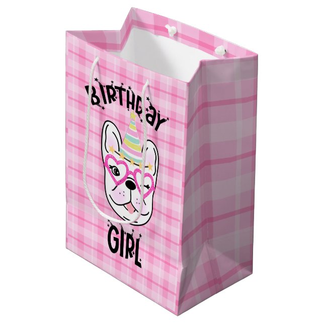 French Bulldog Frenchie Geburtstagsparty Mittlere Geschenktüte (Vorderseite Schrägansicht)
