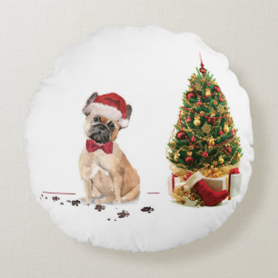 French Bulldog Funny Christmas Dog mit Baum Rundes Kissen