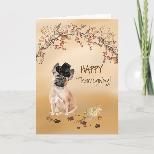 French Bulldog Funny Pilgrim Hat Erntedank Karte (Vorderseite)