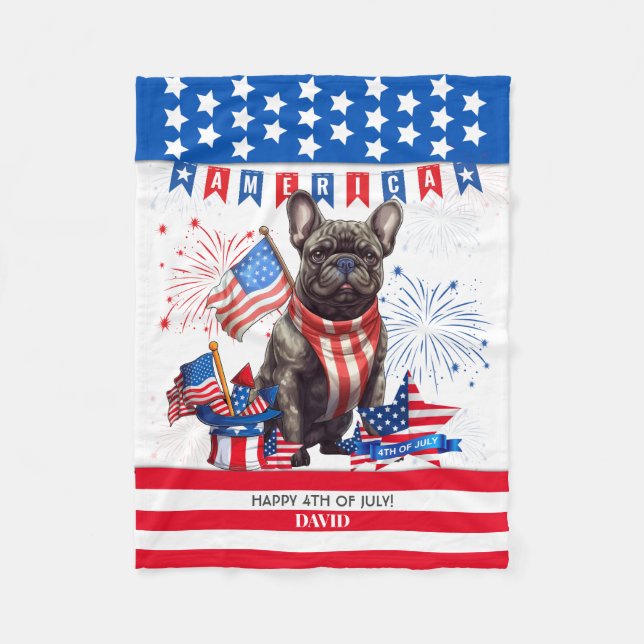 French Bulldog Happy 4th July America Patriotic Fleecedecke (Vorderseite)