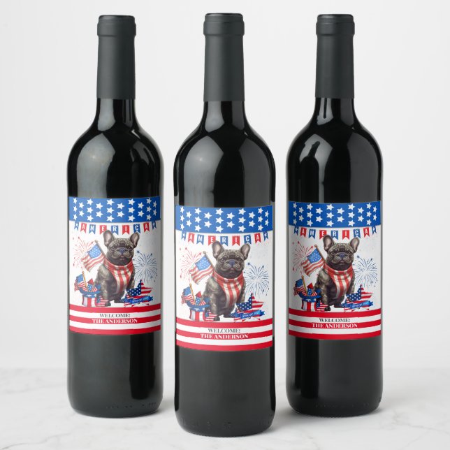 French Bulldog Happy 4th July America Patriotic Weinetikett (Flaschen)
