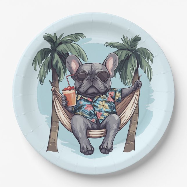 French Bulldog In Hawaiian Top Pappteller (Vorderseite)