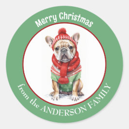 French Bulldog in Red Christmas Scarf und Hat Runder Aufkleber