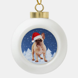 French Bulldog in Snow Christmas w Weihnachtsmannm Keramik Kugel-Ornament
