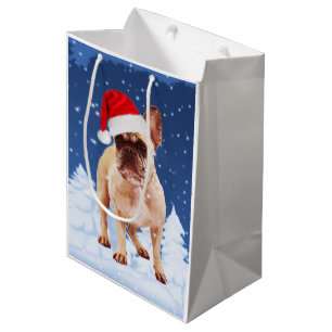 French Bulldog in Snow Christmas w Weihnachtsmannm Mittlere Geschenktüte