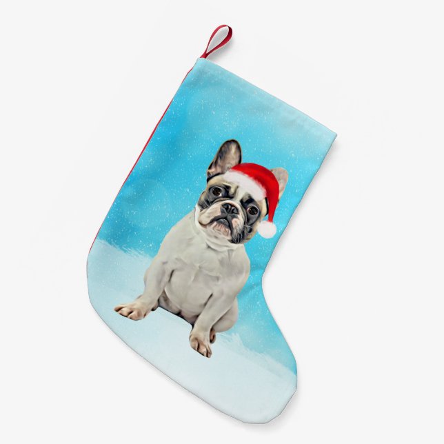 French Bulldog in Snow Christmas Weihnachtsmannmüt Kleiner Weihnachtsstrumpf (Vorderansicht (hängend))