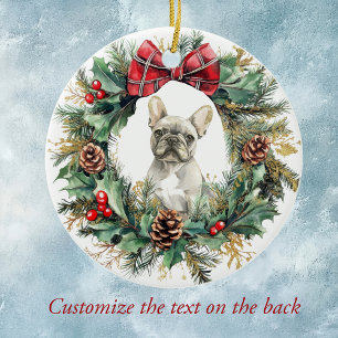 French Bulldog Pine Cone Bow Wreath Keramik Ornament