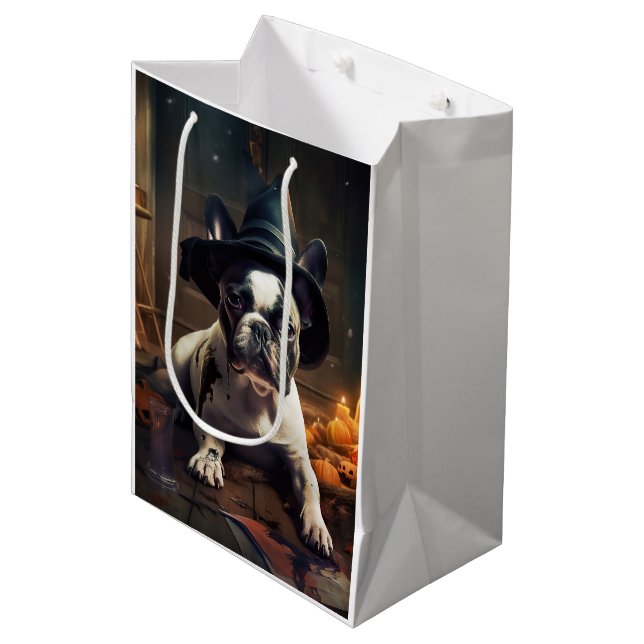 French Bulldog Pumpkins Halloween Beängstigend Mittlere Geschenktüte (Vorderseite Schrägansicht)