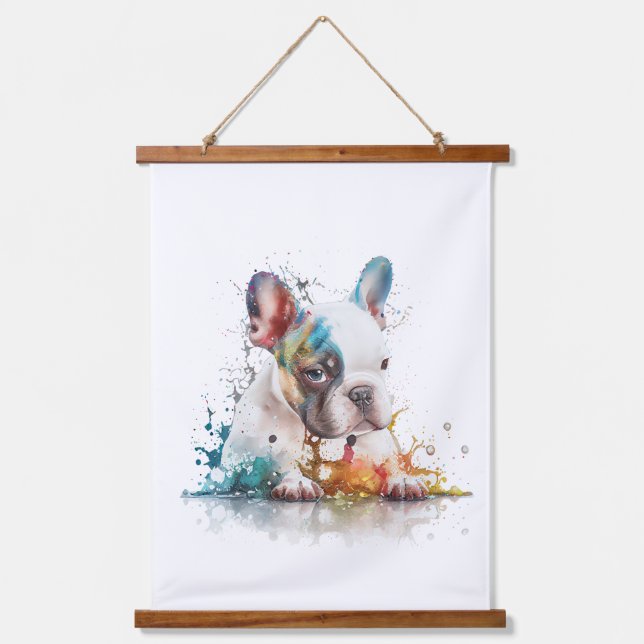 French Bulldog Puppy Frenchie Wandteppich Mit Holzrahmen (Vorderseite)