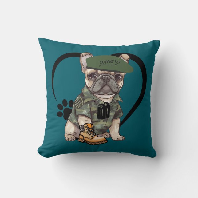 French Bulldog Puppy in Camouflage Outfit & Green  Kissen (Vorderseite)