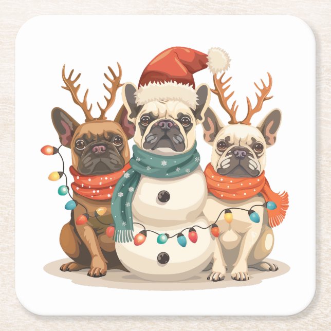 French Bulldog Rentierhunde Rechteckiger Pappuntersetzer (Vorderseite)