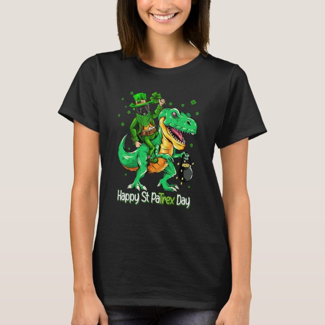 French Bulldog Riding Dinosaur Patricks Day Shamro T-Shirt (Vorderseite)