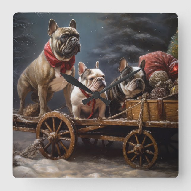 French Bulldog Snowy Sleigh Weihnachtsdekor Quadratische Wanduhr (Vorderseite)