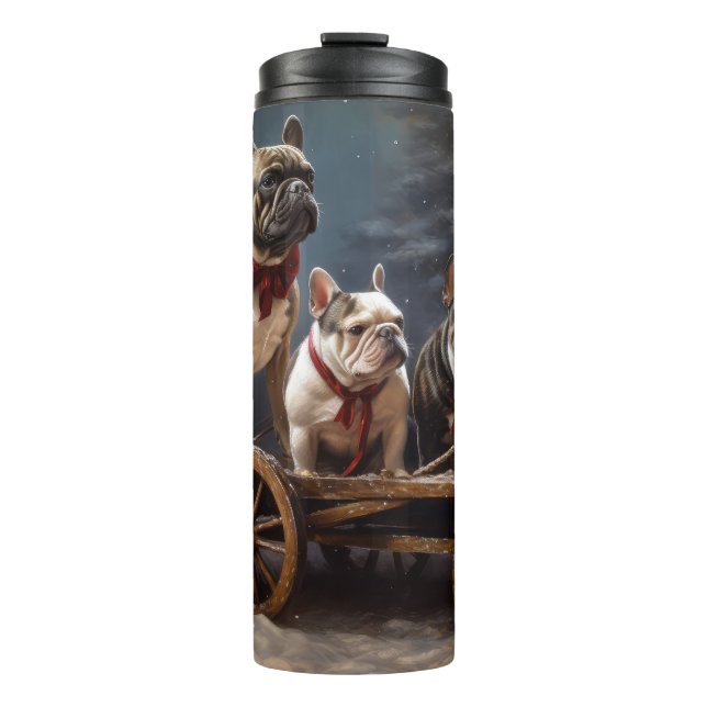 French Bulldog Snowy Sleigh Weihnachtsdekor Thermosbecher (Vorderseite)