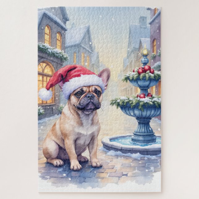 French Bulldog Snowy Town Fountain Santa Christmas (Vertikal)