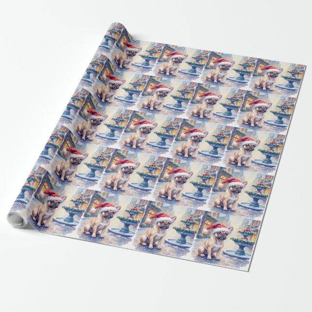 French Bulldog Snowy Town Fountain Santa Christmas Geschenkpapier (Ungerollt)