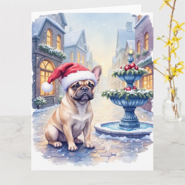 French Bulldog Snowy Town Fountain Santa Christmas Karte (Gelbe Blume)