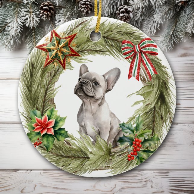 French Bulldog Star Bow Wreath Keramik Ornament (Von Creator hochgeladen)