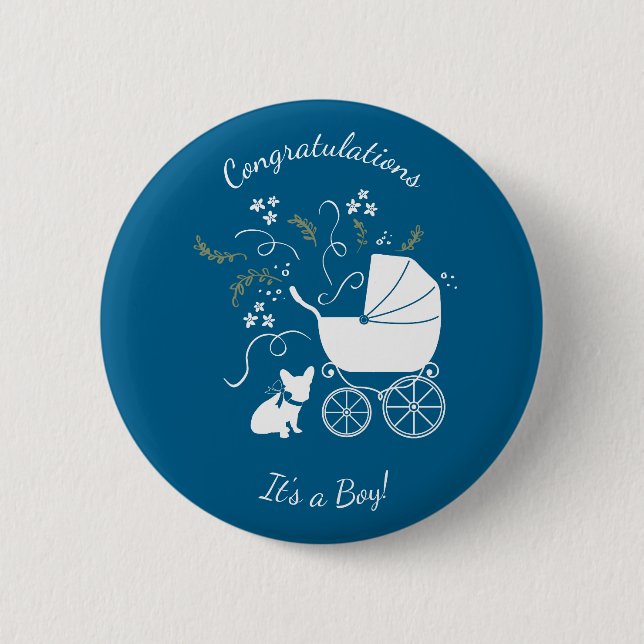 French Bulldog Themenparty - Baby Dusche blau Button (Vorderseite)