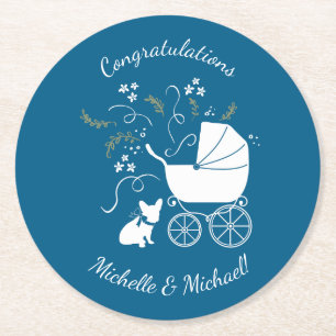 French Bulldog Themenparty - Baby Dusche blau Runder Pappuntersetzer