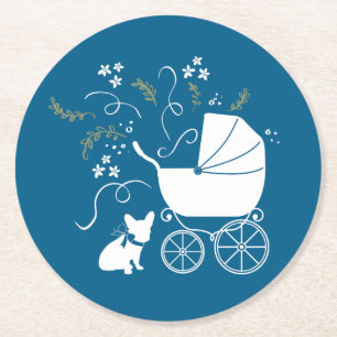 French Bulldog Themenparty - Baby Dusche blau Runder Pappuntersetzer