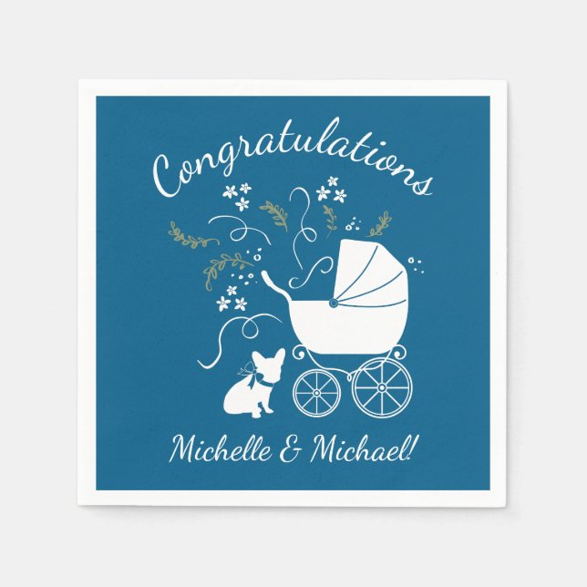 French Bulldog Themenparty - Baby Dusche blau Serviette (Vorderseite)