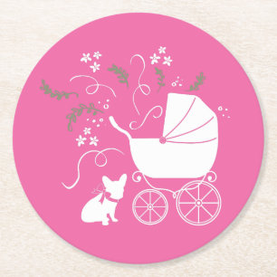 French Bulldog Themenparty - Babydusche pink Runder Pappuntersetzer