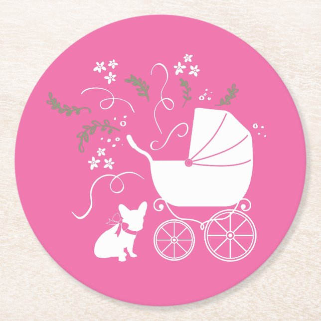 French Bulldog Themenparty - Babydusche pink Runder Pappuntersetzer (Vorderseite)