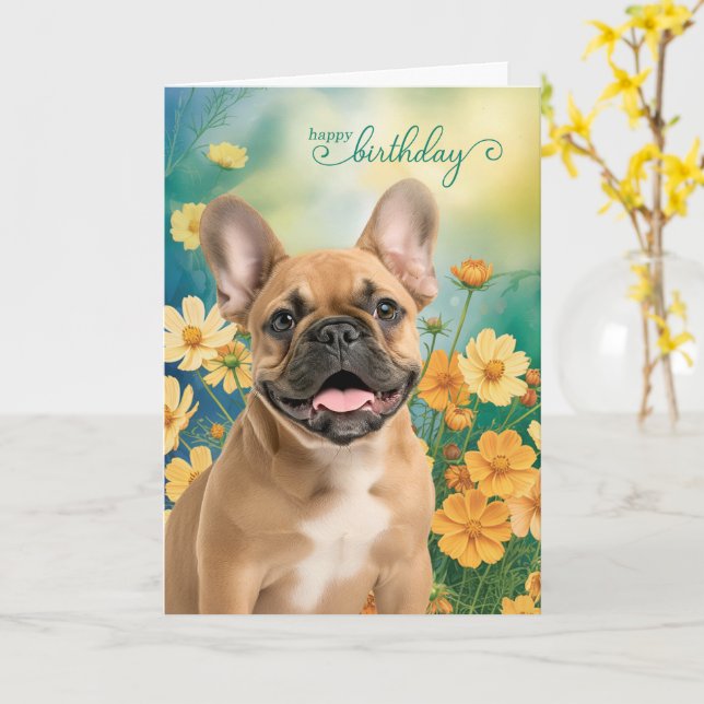 French Bulldog Tiny Orange Cosmos Birthday Karte (Gelbe Blume)