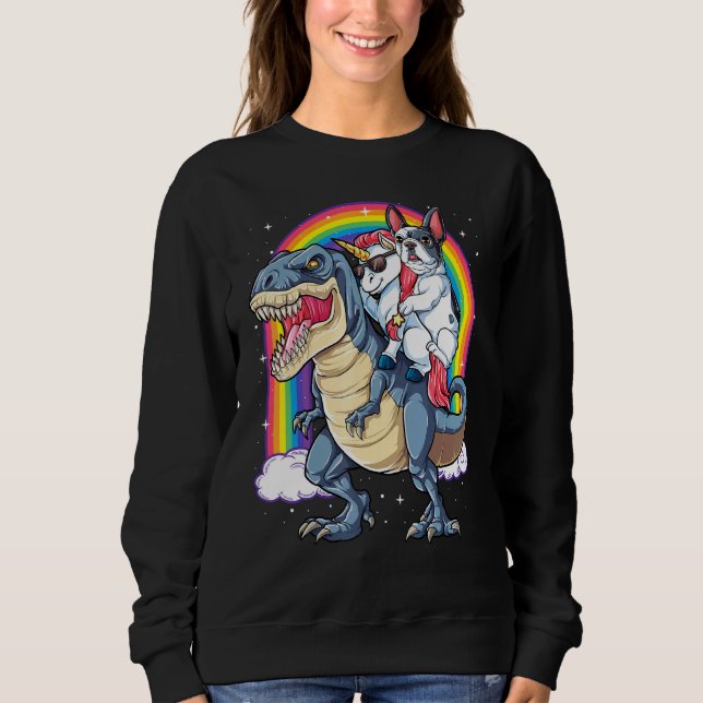 French Bulldog Unicorn Riding Dinosaur T Rex Girl Sweatshirt (Vorderseite)