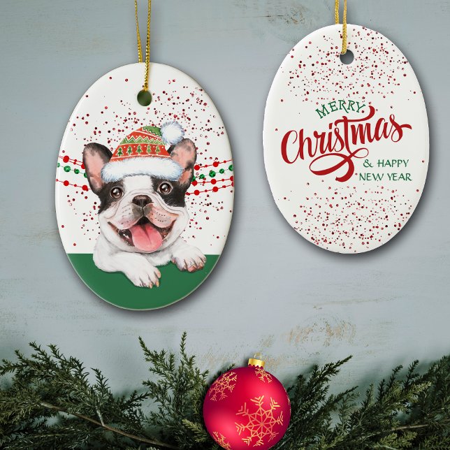 French Bulldog Weihnachtsmannmütze Red Confetti Keramik Ornament (Von Creator hochgeladen)