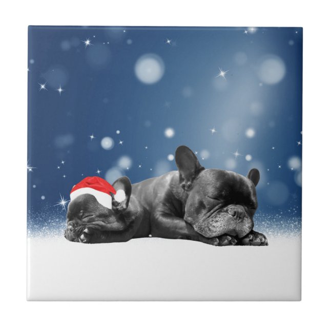 French Bulldog Welppies - Schneefreude-Weihnachtsm Fliese (Vorderseite)