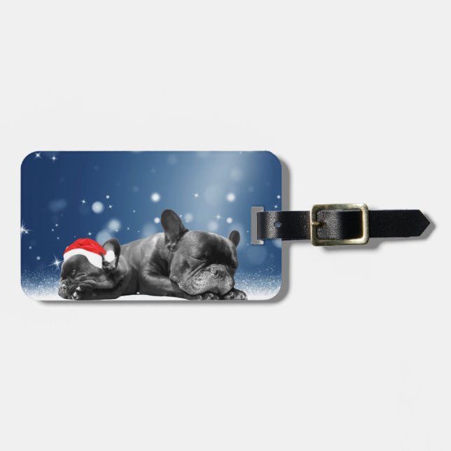 French Bulldog Welppies - Schneefreude-Weihnachtsm Gepäckanhänger (Vorderseite horizontal)