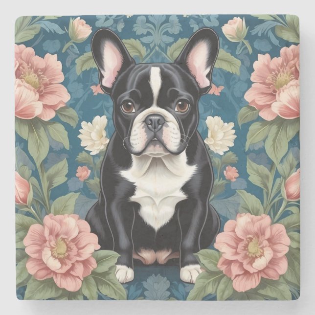 French Bulldog William Morris Inspirierte Floral Steinuntersetzer (Vorderseite)